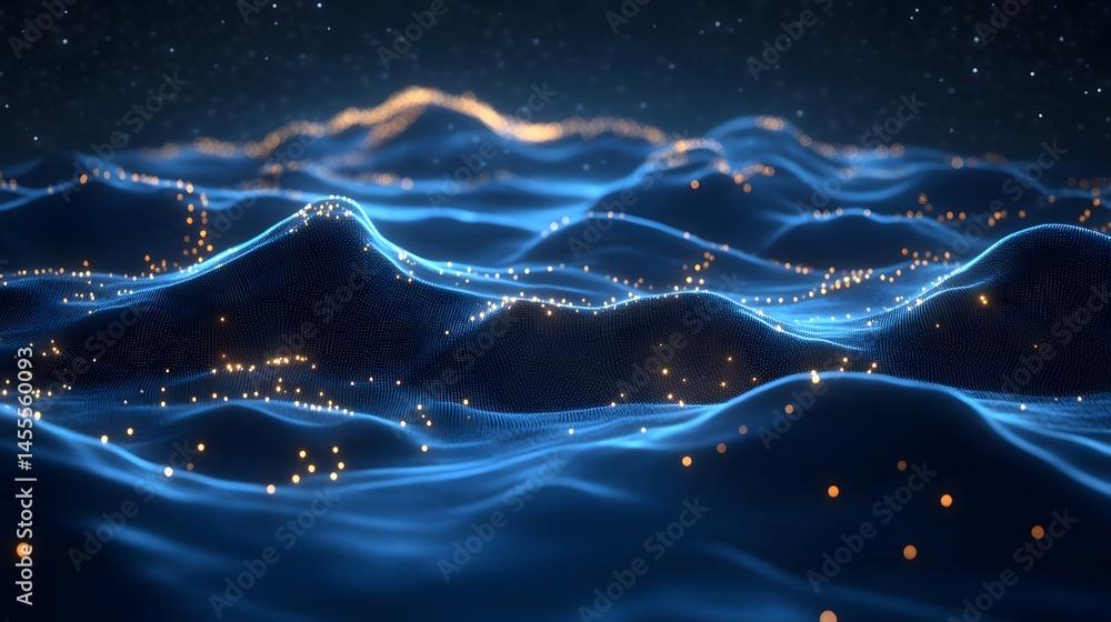 Poster digital landscape of blue, dotted waves highlighted by glowing orange points. a vast, dimensional sc