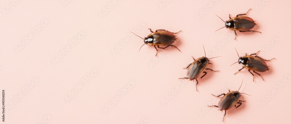 Poster cockroach infestation concept with five insects on a pink background with copy space for text