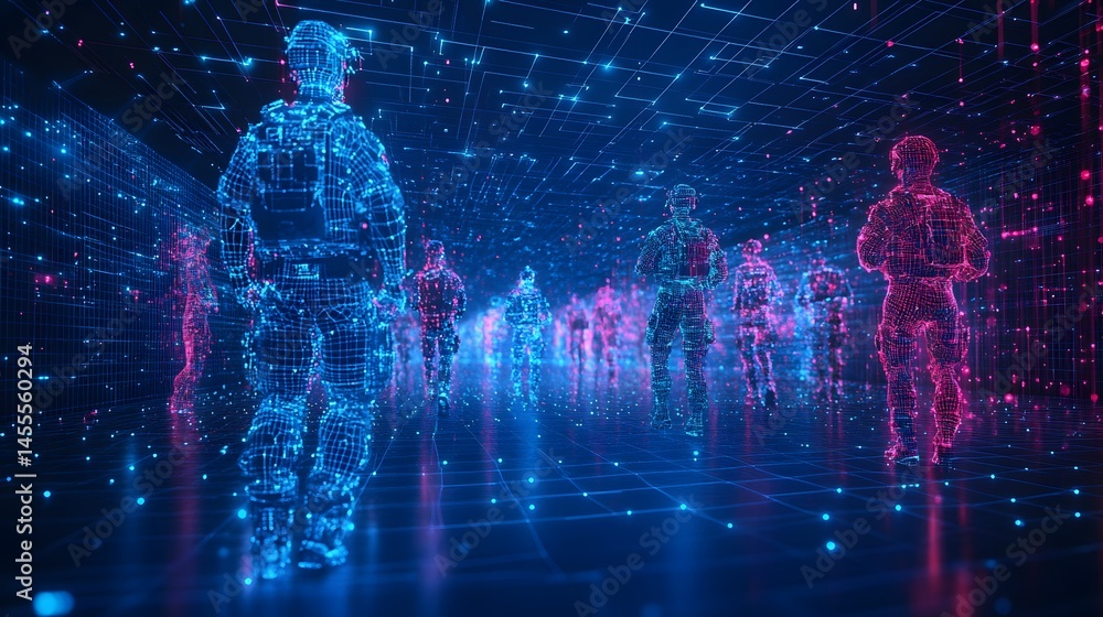 Fototapete Digital figures stand in a virtual grid tunnel, rendered in blue and pink. An abstract representation of connection and technology. Abstract Digital low-poly wireframe connected dots in dark blue
