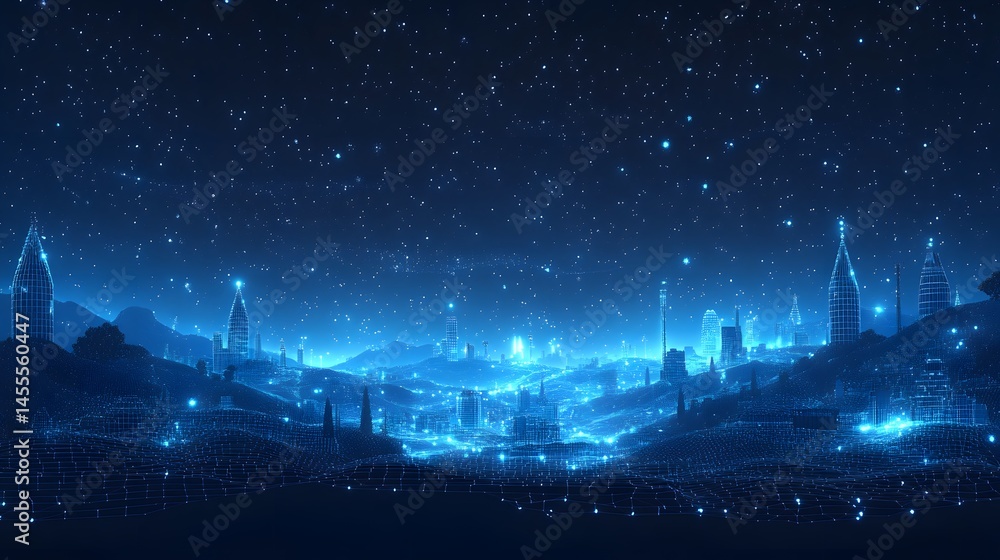 Poster futuristic cityscape glows with wireframe skyscrapers and a digital grid terrain under a starlit sky