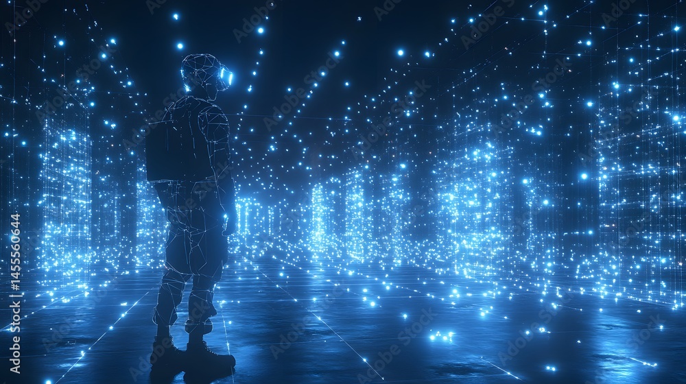 Leinwandbilder immersive vr experience with glowing blue grid and polygonal figure. digital realm reflected below. 