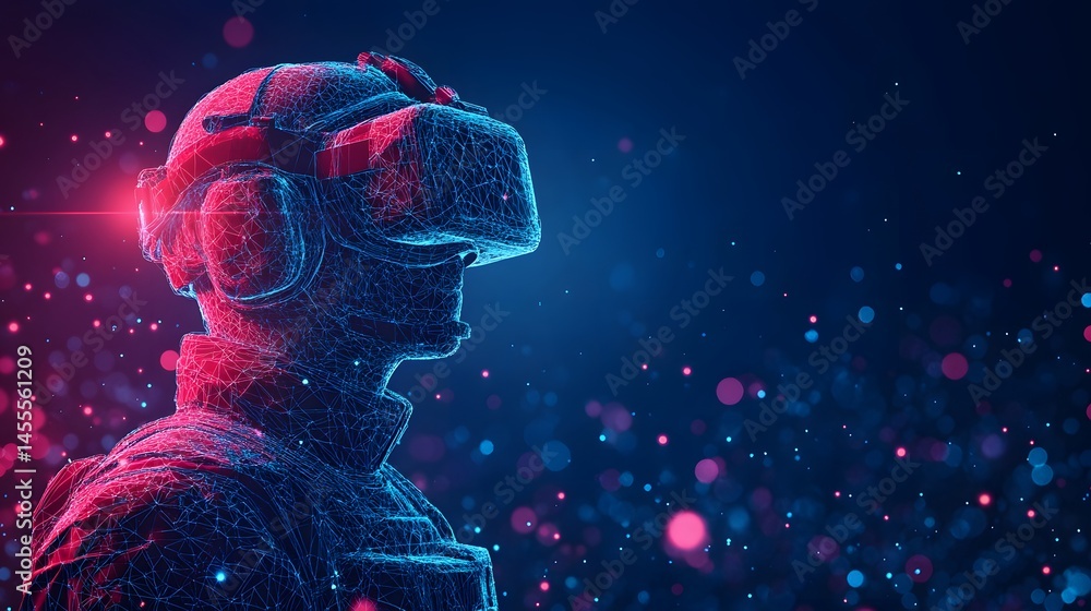 Poster Futuristic VR user immersed in digital reality. Wireframe person with headset navigates virtual world. Abstract Digital low-poly wireframe connected dots in dark blue