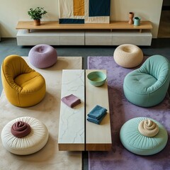 Generative AI, Colorful boucle lounge with modern sculptural seating and layered textures