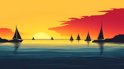 Several sailboats navigate calm waters during a beautiful sunset