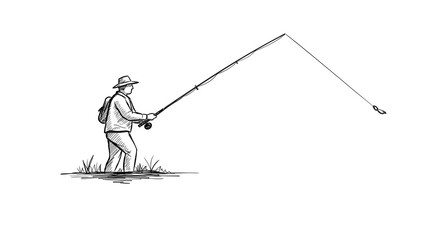 Obraz premium Fisherman Casting Line Sketch Illustration