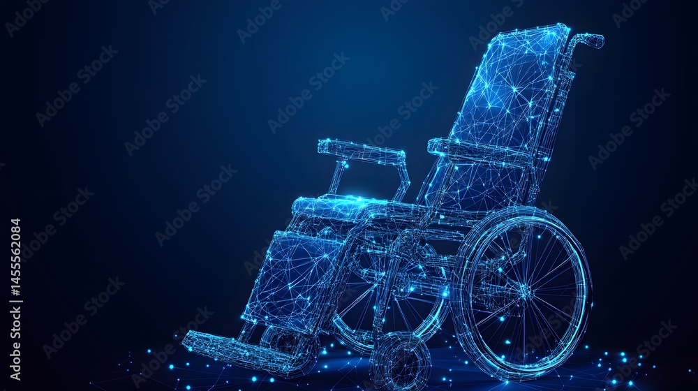 Poster Futuristic wheelchair design depicted in a wireframe model. A technological marvel symbolizing accessibility and innovation. Abstract Digital low-poly wireframe connected dots in dark blue