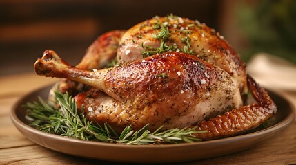Roasted turkey resting on a plate with herbs.