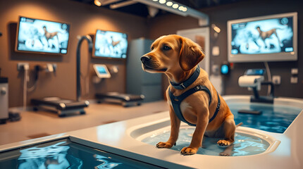 A modern pet rehabilitation center with hydrotherapy tanks, robotic limb support, and smart monitors. The composition emphasizes advanced technology, Generative Ai