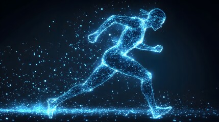 Futuristic runner in digital space. Dynamic pose, glowing blue lines, and dots convey speed and technology. Abstract Digital low-poly wireframe connected dots in dark blue.