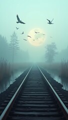 Train Tracks Splitting in a Foggy Marshland at Dawn, with Birds Flying Overhead