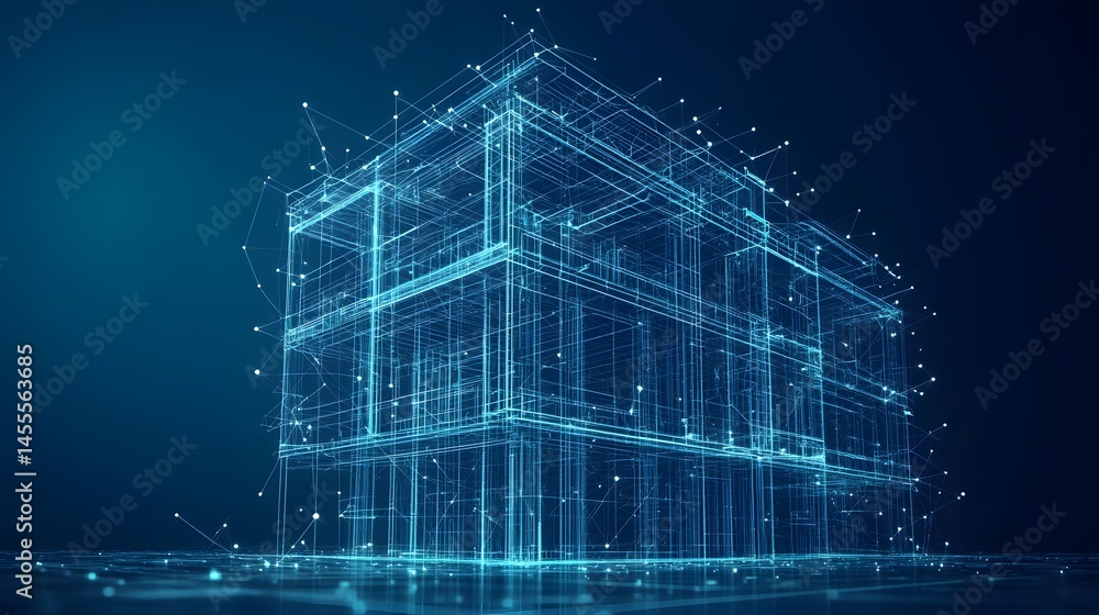 Aufkleber Futuristic building framework illustrated with interconnected blue lines and glowing nodes, set against a gradient backdrop. Abstract Digital low-poly wireframe connected dots in dark blue.