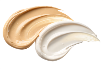 Close up of beige and white cream swirls overlapping on a black background in studio lighting