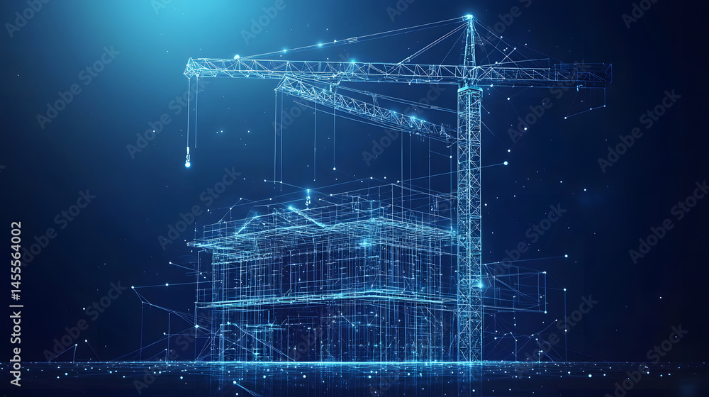 Fototapete futuristic construction site with a wireframe building and crane against a blue backdrop, symbolizin