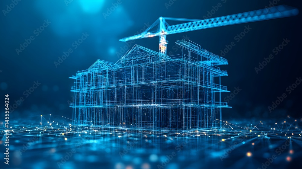 Poster futuristic construction scene with a building and crane depicted in blue wireframe, set against a go