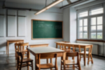 Beautiful blurred background of bright classroom and study room with panoramic windows and beautiful lighting. Blurred school classroom without students with empty chairs and tables.