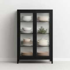 Elegant Display Cabinet with Glass Doors and Stylish Tableware