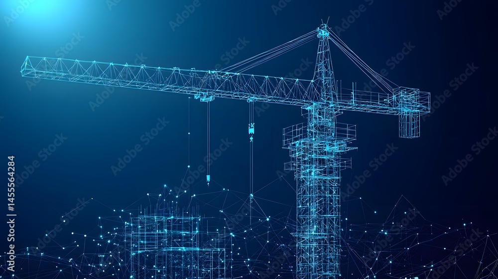 Poster futuristic construction scene featuring a wireframe crane and building against a dark blue backdrop,