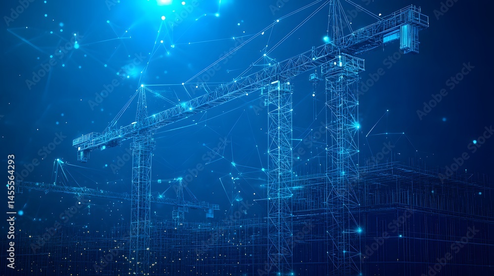 Aufkleber futuristic construction site with towering cranes represented in blue wireframe. abstract digital lo