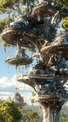 Futuristic treetop village in lush forest; fantasy architectural design; digital art for sci-fi game