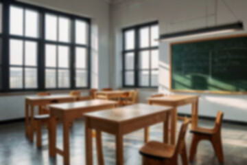 Beautiful blurred background of bright classroom and study room with panoramic windows and beautiful lighting. Blurred school classroom without students with empty chairs and tables.