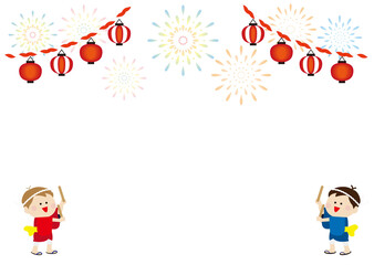 Fototapeta premium 太鼓のバチでポーズを決める子供 夏祭りの背景イラスト