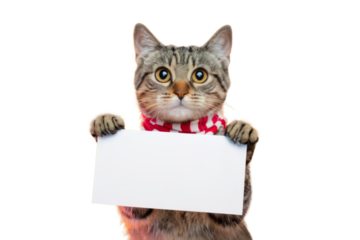 cute cat holding blank white sign, Isolated on Background.