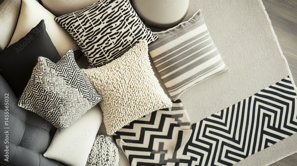 Poster assorted decorative pillows on a sofa and rug with geometric patterns in neutral tones