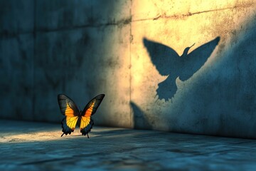 butterfly on ground with large bird shadow on wall, metaphor for aspiration and transformation, realistic 3D style