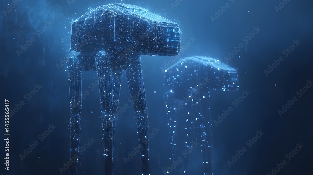 Poster futuristic at-at wireframes glow against a dark blue backdrop. a captivating sci-fi scene, abstract 