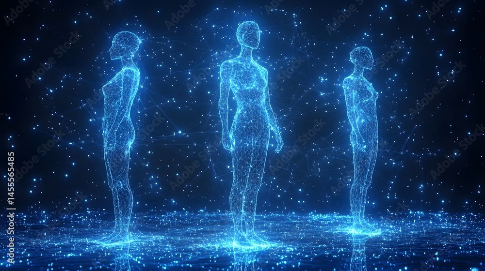 Poster futuristic holographic figures stand on a digital plane, surrounded by a network of glowing blue lin