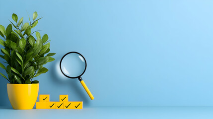 Business Strategy Planning and Quality Management Concept. Magnifying glass focuses on target icon and blocks with check marks. business goal setting, strategy planning, quality management processes
