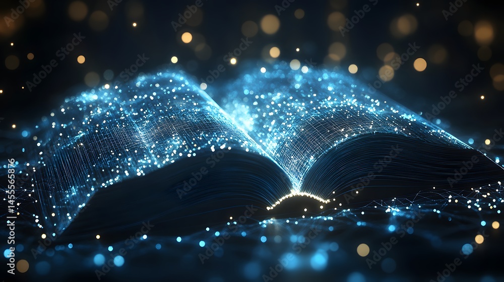 Poster a book emitting digital light, representing knowledge, technology, and innovation. abstract digital 