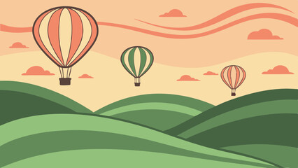 Three hot air balloons over rolling green hills at sunset