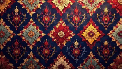 Intricate floral damask pattern in rich jewel tones, perfect for upholstery , wallpaper, seamless, design element