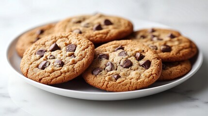 Freshly baked chocolate chip cookies on a white plate, close-up shot. Perfect for recipe blogs, sweet treats, or bakery promotions.