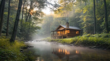 Fototapeta premium Rustic log cabin nestled beside a tranquil river in a misty forest at sunrise.
