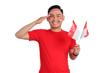 Happy young Asian men salute gesture while holding Indonesia flag isolated on transparent background. Indonesian independence day concept