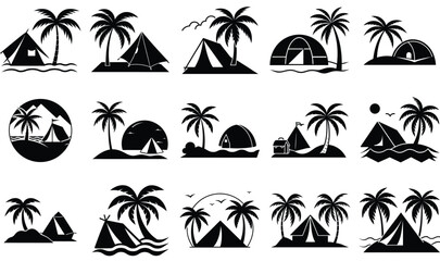 Obraz premium Beach Side Camping with Palm Tree Silhouette Vector Set – Tropical Outdoor Vacation, Tent, and Seaside Nature Scene Collection