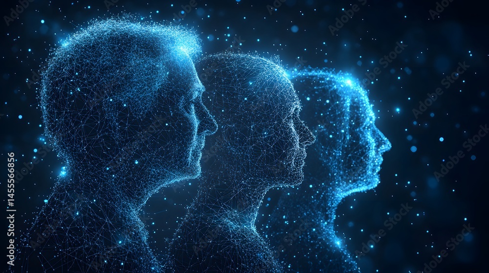Poster Futuristic concept with three interconnected human head profiles in a glowing network against a dark blue backdrop. Abstract Digital low-poly wireframe connected dots in dark blue.