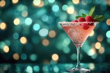 A pink raspberry cocktail with mint garnish, sugar rim against bokeh lights. Use for festive holiday, New Year's Eve, or celebratory party invitations.