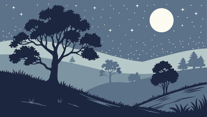 Night Landscape Vector with Moon and Silhouetted Trees
