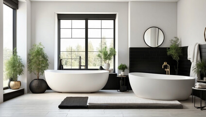 Stylish White and Black Bathroom Corner Featuring Tub for Modern Living