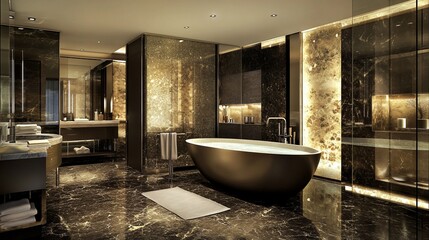 Luxurious hotel bathroom with dark marble