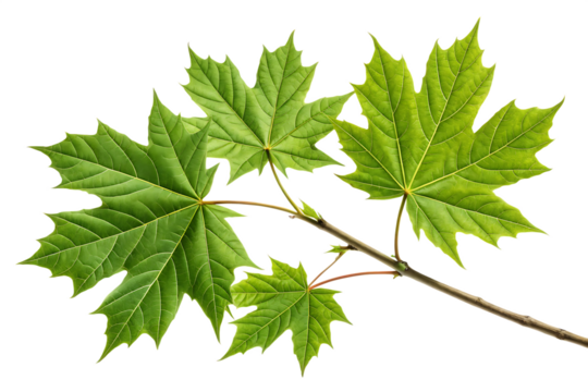 A close up shot of a maple branch with three vibrant green leaves against a black background image