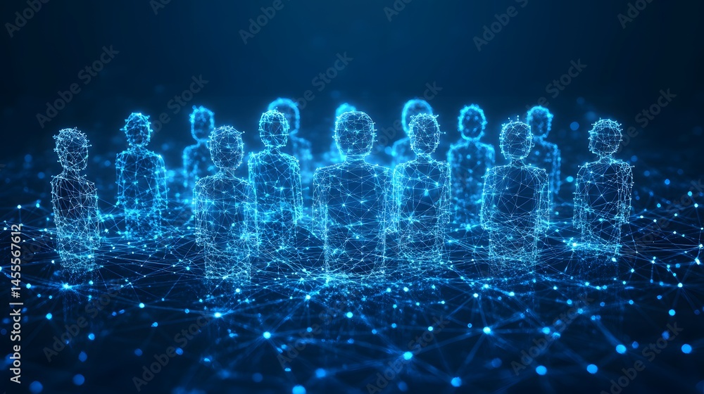 Aufkleber Digital silhouettes form a connected team. Glowing blue lines create wireframe figures against dark blue, symbolizing a technological community. Abstract Digital low-poly wireframe connected dots