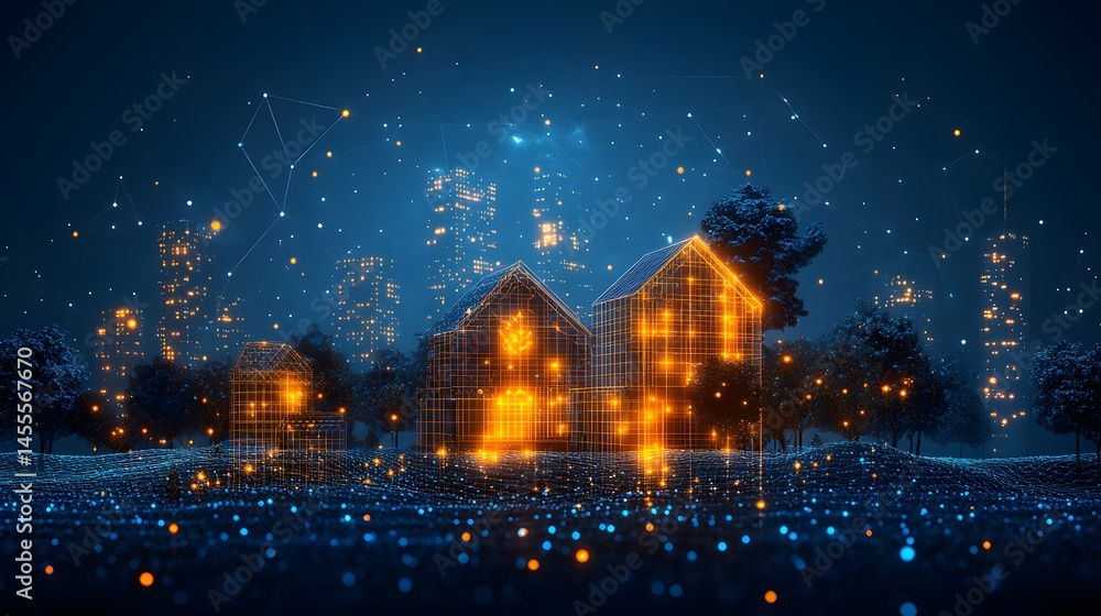 Aufkleber futuristic cityscape with glowing orange grid houses nestled among trees and digital networks, set a