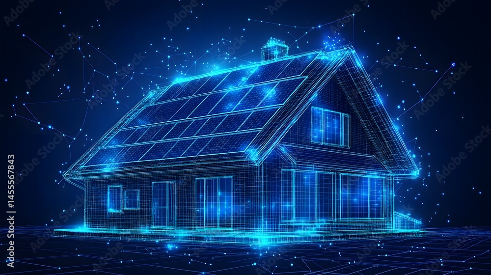 Aufkleber futuristic house blueprint rendering showcases smart home technology and renewable energy. a digital