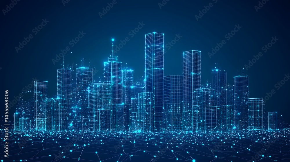 Leinwandbilder futuristic blue cityscape. wireframe buildings glow against a deep blue gradient, interconnected by 