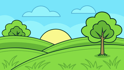 Obraz premium Cartoon green landscape vector with trees, hills, and sunrise in background