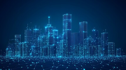 Futuristic blue cityscape. Wireframe buildings glow against a deep blue gradient, interconnected by a network. Technologically advanced urban environment. Abstract Digital low-poly wireframe connected